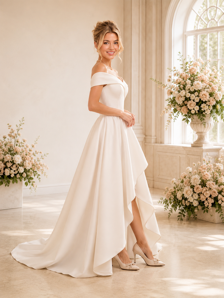 ChicSew Classy A-Line Off The Shoulder Pleated Crepe High-Low Long Wedding Dress