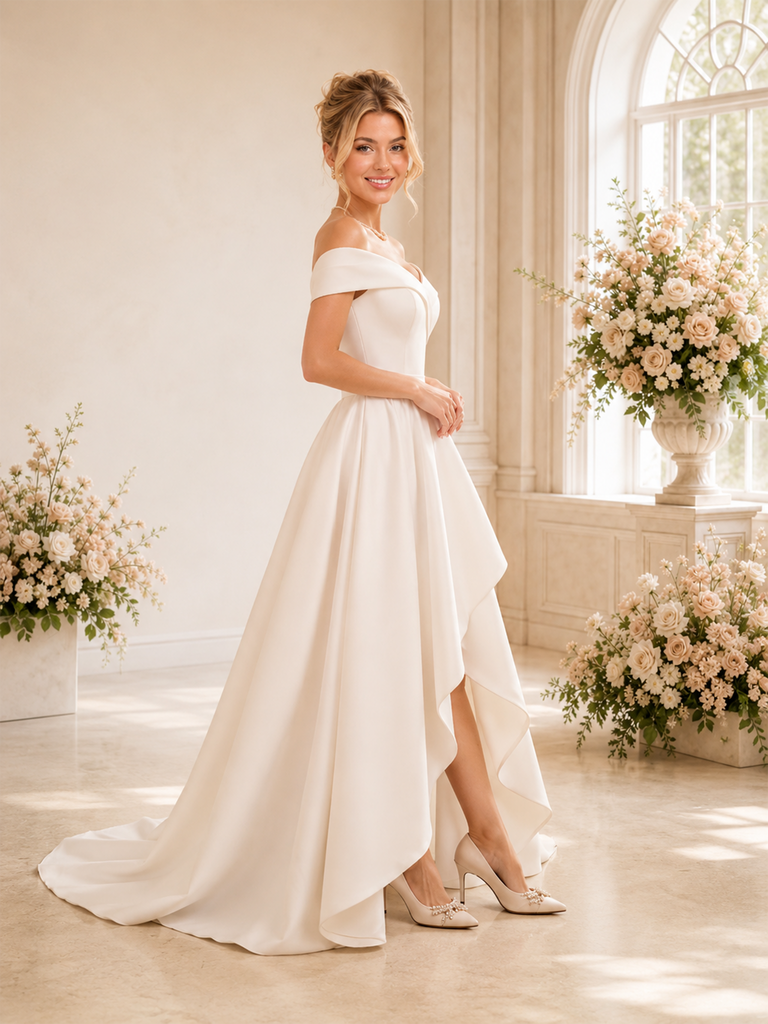 ChicSew Classy A-Line Off The Shoulder Pleated Crepe High-Low Long Wedding Dress