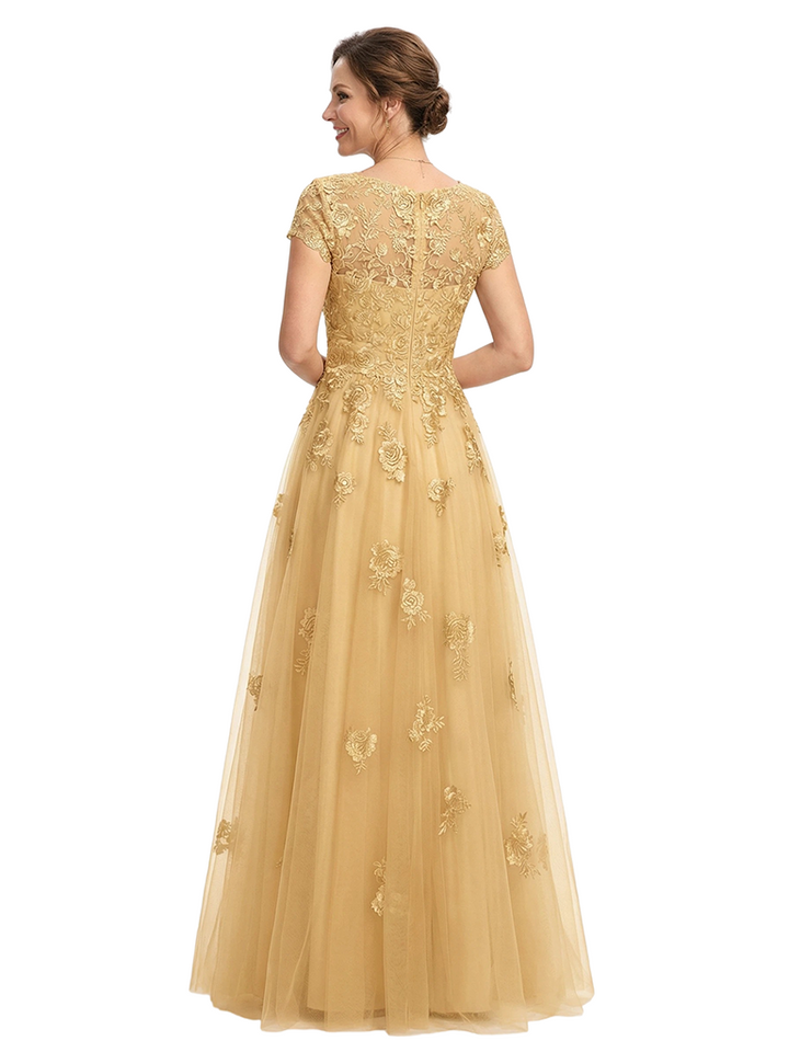 ChicSew Beautiful Cap Sleeve V-Neck Lace Applique Tulle A-Line Gown For Mother Of The Groom