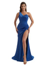 Sexy One Shoulder Mermaid Pleated Silky Satin Long Bridesmaid Dresses Side Slit
