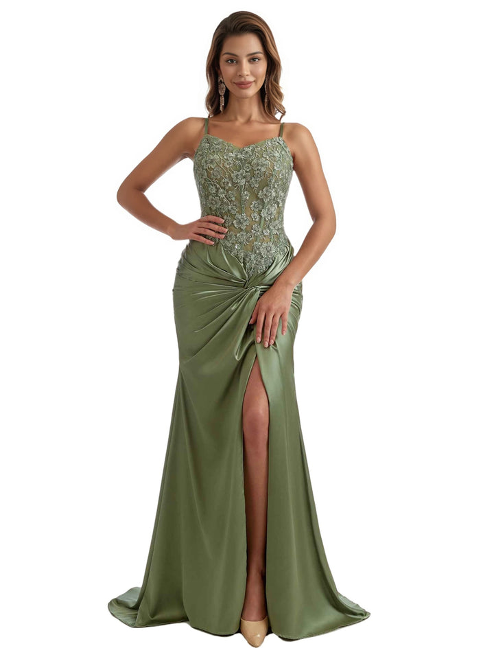 Elegant Lace Spaghetti Strap Side Split Mermaid Ruched Satin Long Bridesmaid Dresses