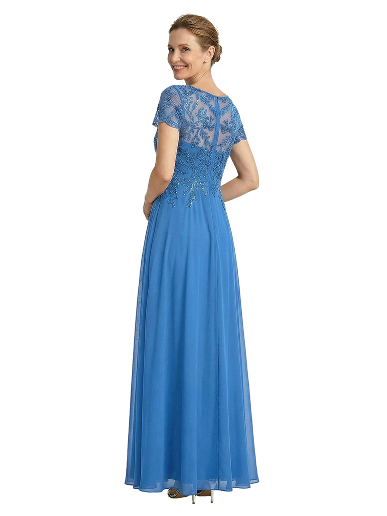 ChicSew Illusion Short Sleeve Lace Beaded A-Line Floor Length Chiffon Sophisticated Mother Of The Bride And Groom Dresses