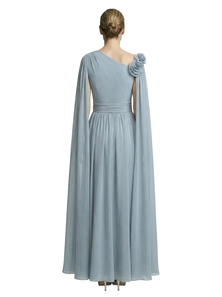 One Shoulder Chiffon Mother Of The Bride Dress Cape Sleeves Floor-Length Gown Formal Wedding Attire