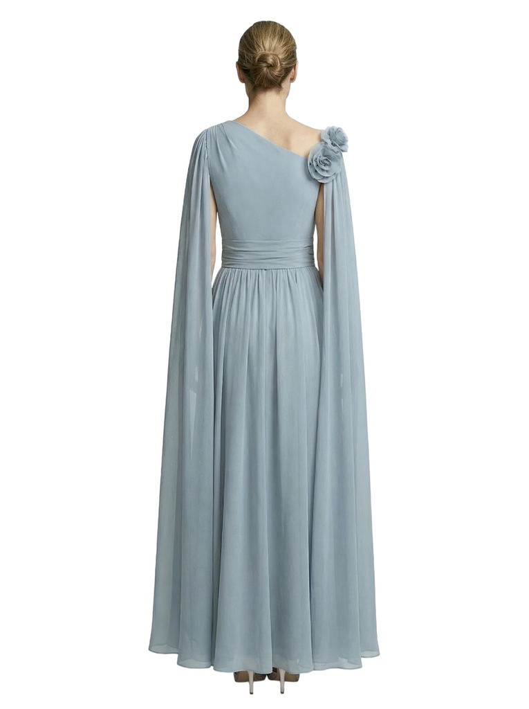 One Shoulder Chiffon Mother Of The Bride Dress Cape Sleeves Floor-Length Gown Formal Wedding Attire