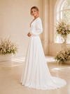 ChicSew Fancy Satin A-Line Deep V-Neck Long Sleeves Pleated Floor-Length Wedding Dress