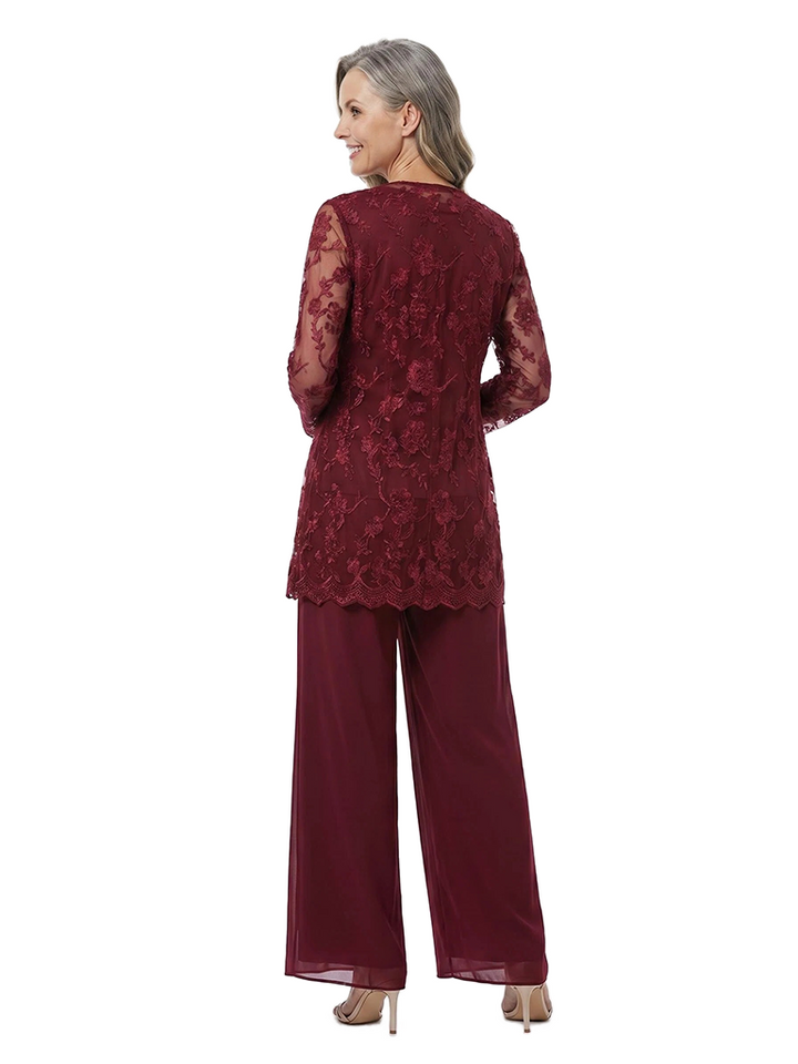 ChicSew Modern Mother Of The Bride Pant Suit Three Piece Set Lace Jacket Chiffon Trousers