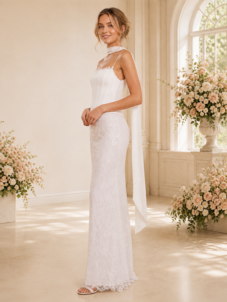 ChicSew Unique Spaghetti Straps Boning Chiffon Mermaid Floor-Length Wedding Dress With Lace Applique