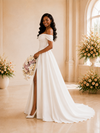ChicSew Fancy Off The Shoulder Boning Side Slit A-Line Satin Maxi Wedding Dress