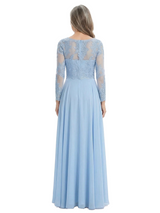 ChicSew Round Neck Long Sleeve Lace Applique Ruched Waist Floor Length Chiffon Sophisticated Mother Of The Bride And Groom Dresses