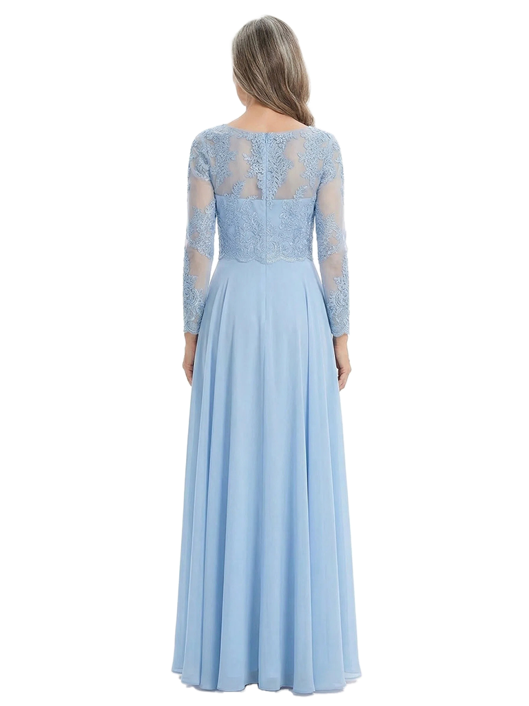 ChicSew Round Neck Long Sleeve Lace Applique Ruched Waist Floor Length Chiffon Sophisticated Mother Of The Bride And Groom Dresses