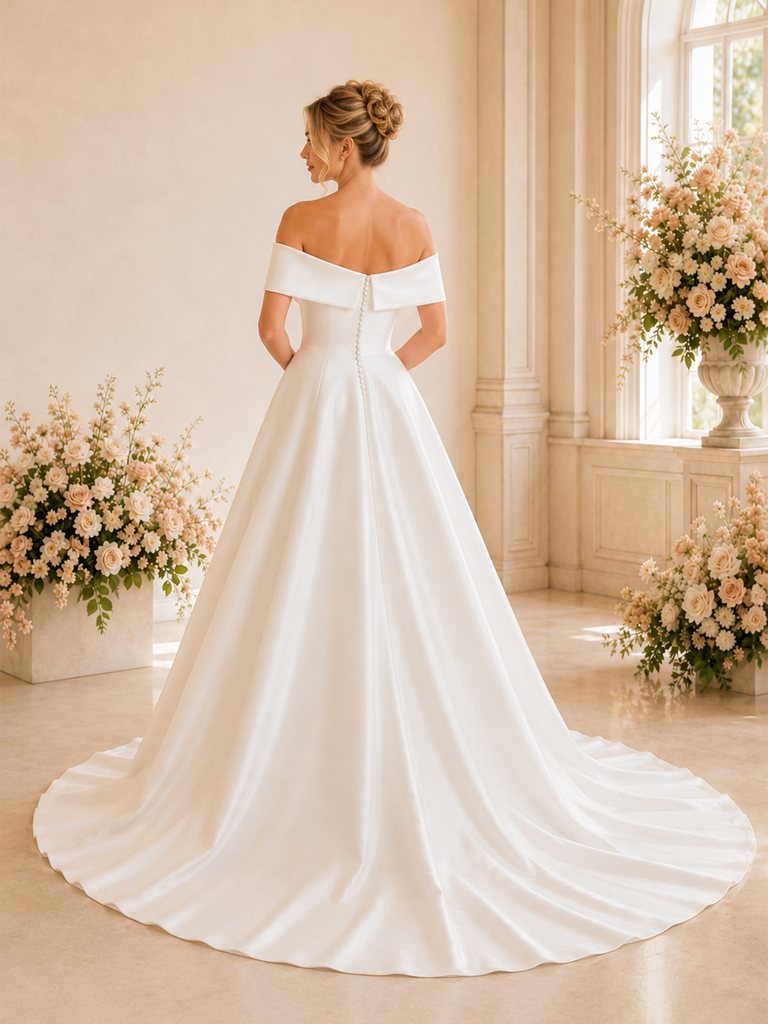 ChicSew Elegant Satin Off The Shoulder A-line Maxi Long Wedding Dresses With Train