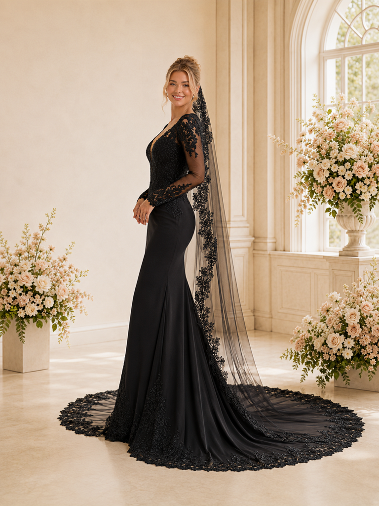 ChicSew Unique Deep V-Neck Mermaid Long Sleeves Lace Tulle Maxi Wedding Dress With Long Train