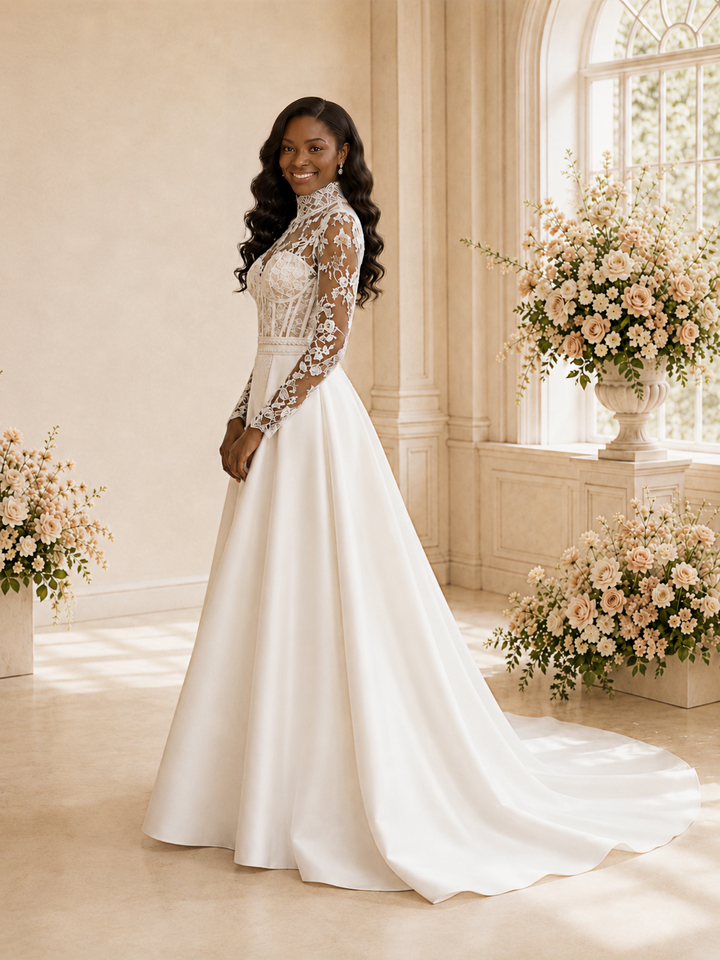 ChicSew Elegant High Neck Long Sleeves Lace Satin Maxi Wedding Dress With Boning