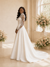 ChicSew Elegant High Neck Long Sleeves Lace Satin Maxi Wedding Dress With Boning