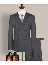 Grey Stripes Men's Casual 3 Piece Suit Notch Lapel Flat Tuxedos Set CN517
