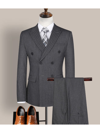 Grey Stripes Men's Casual 3 Piece Suit Notch Lapel Flat Tuxedos Set CN517