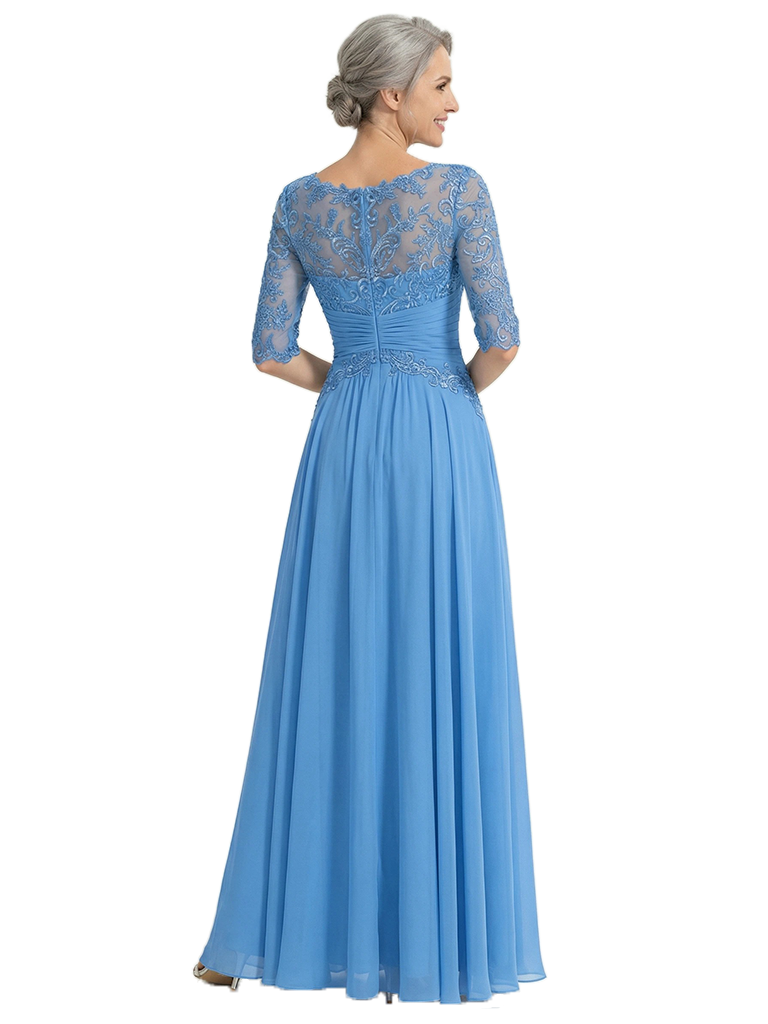 ChicSew Scoop Half Sleeve Lace Applique Ruched Waist A-Line Floor Length Chiffon Elegant Mother Of The Bride And Groom Dresses