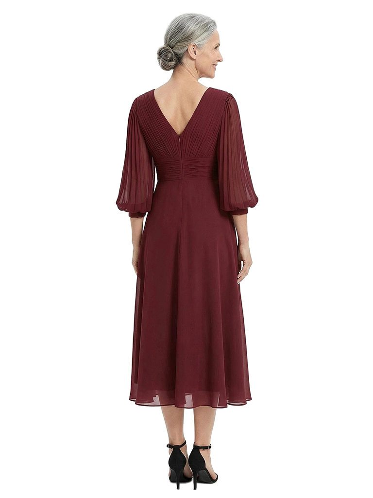 ChicSew V-Neck Pleated Chiffon Mother Of The Groom Dress With Long Lantern Sleeves A-Line Midi