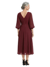 ChicSew V-Neck Pleated Chiffon Mother Of The Groom Dress With Long Lantern Sleeves A-Line Midi