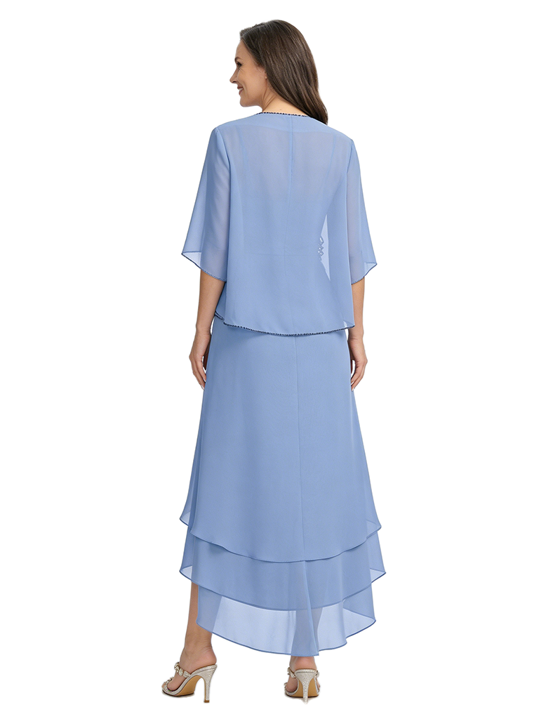 ChicSew Fancy Chiffon V-Neck Mother Of The Bride Dress With Matching Jacket And Tiered High Low Hemline