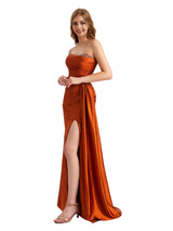 Elegant Sweetheart Silky Satin Mermaid Beaded Ruched Long Bridesmaid Dresses Slit