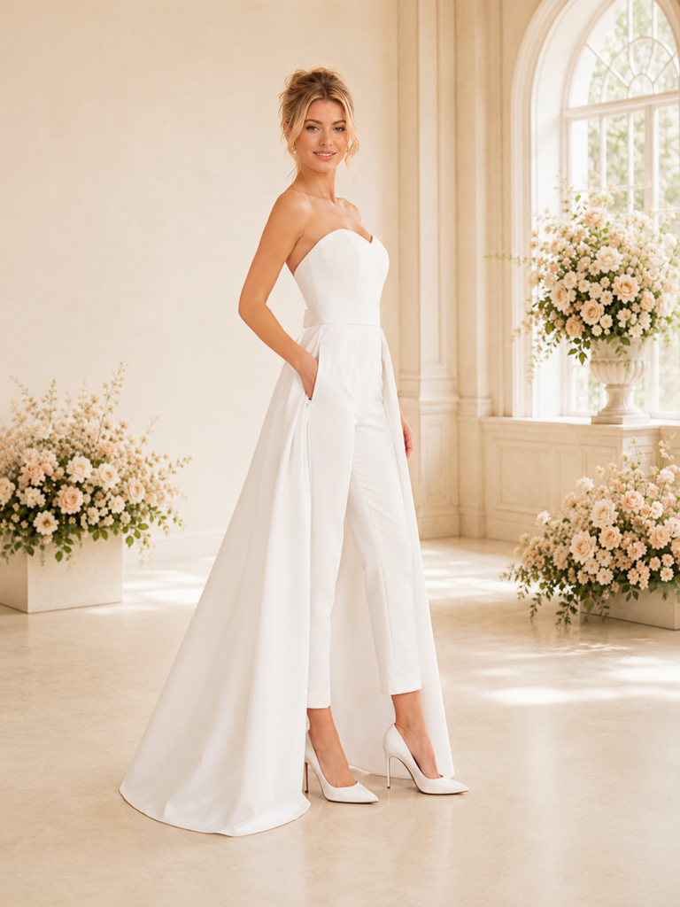 ChicSew Modern Sweetheart Sleeveless Crepe Tea-Length Wedding Jumpsuit With Overskirt