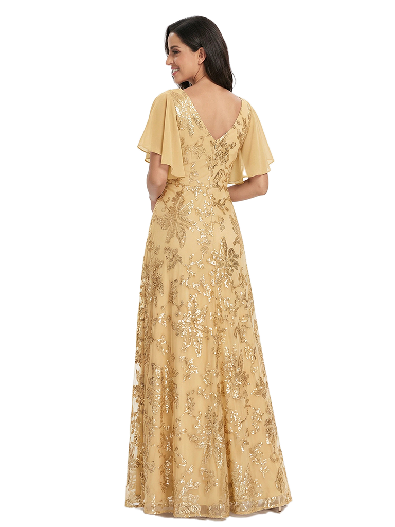 ChicSew V-Neck Short Sleeves Sequin Ruched A-Line Floor Length Chiffon Elegant Mother Of The Bride And Groom Dresses