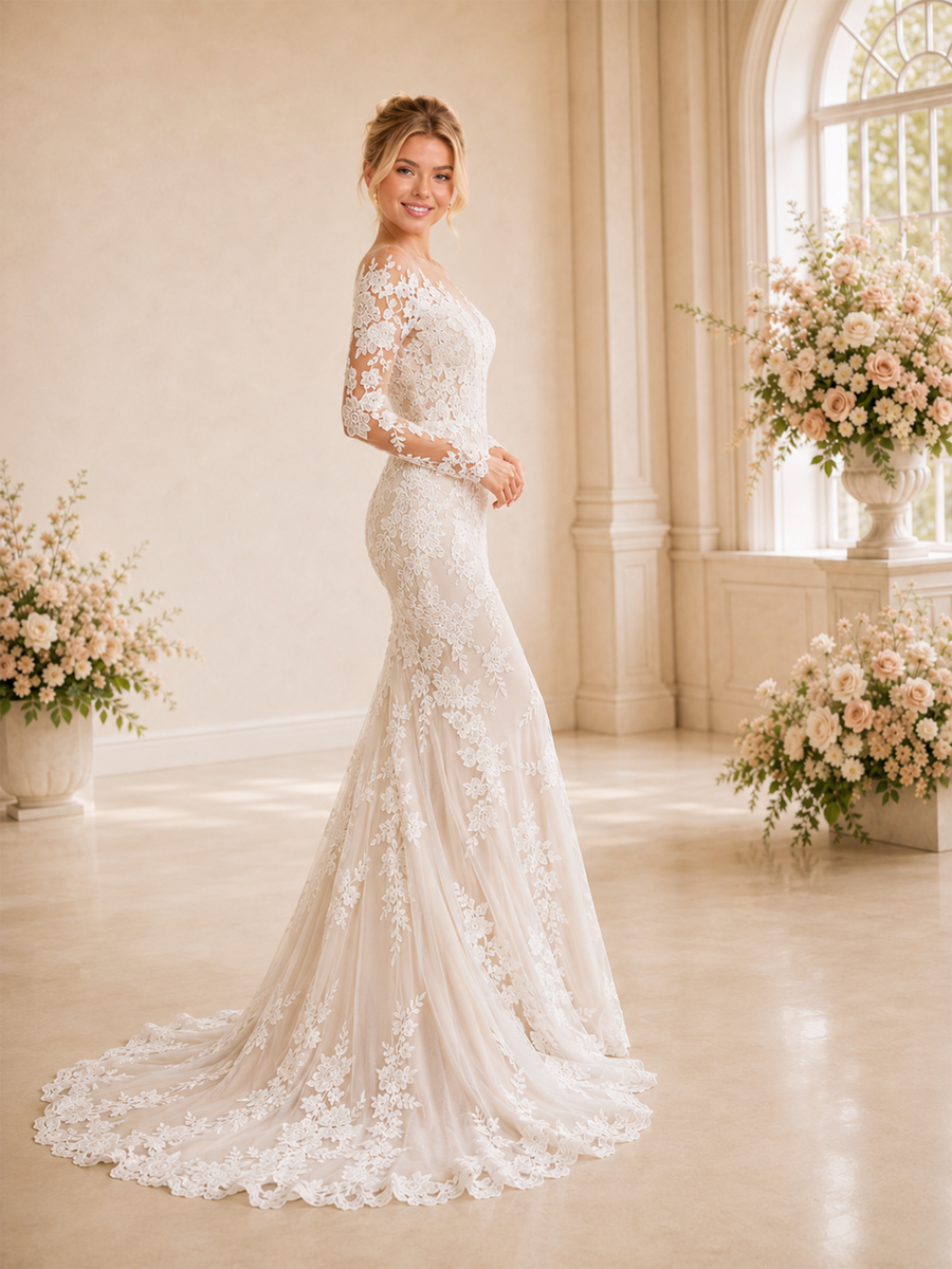 ChicSew Sexy Deep V-Neck Mermaid Lace Long Sleeves Wedding Dress Long Train