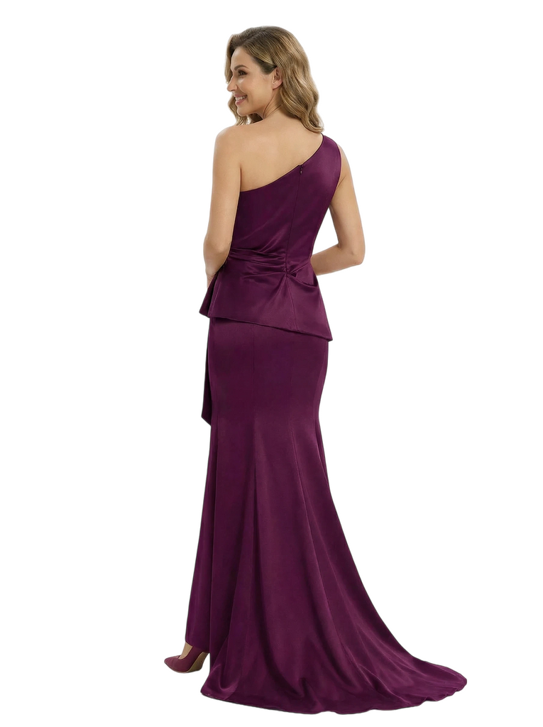 Chicsew Modern One Shoulder Satin Mother of The Bride Dress with Bow Detail Fitted Mermaid Long Gown