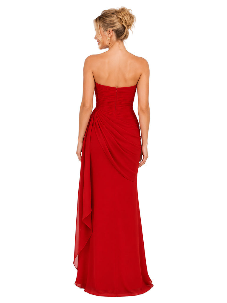 Chicsew Straight Across Ruching Sleeveless Chiffon Mermaid Long Bridesmaid Dresses