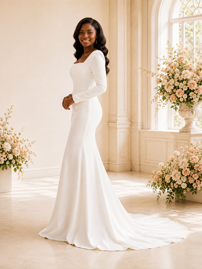 ChicSew Elegant Square Neck Long Sleeves Crepe Mermaid Maxi Wedding Dress