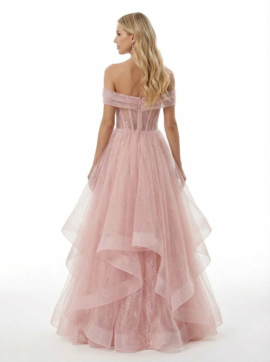 Elegant Off the Shoulder Lace Tiered Tulle Corset Ball Gown Prom Dresses