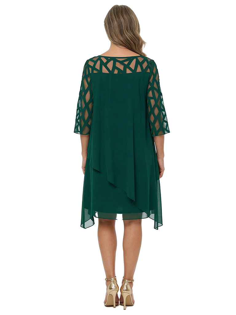 ChicSew Round Neck 3/4 Sleeve Geometric Mesh Overlay Layered Ruffle Knee Length Chiffon Casual Mother Of The Bride Dresses