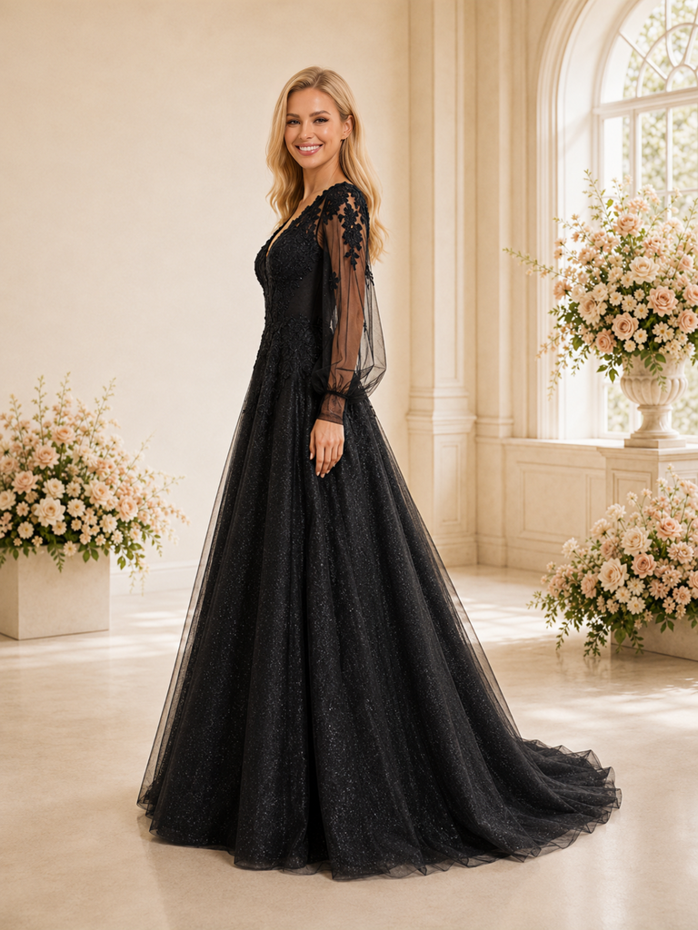 ChicSew Pretty Unique V-Neck Lace Tulle A-Line Long Sleeves Maxi Long Wedding Dresses With Applique