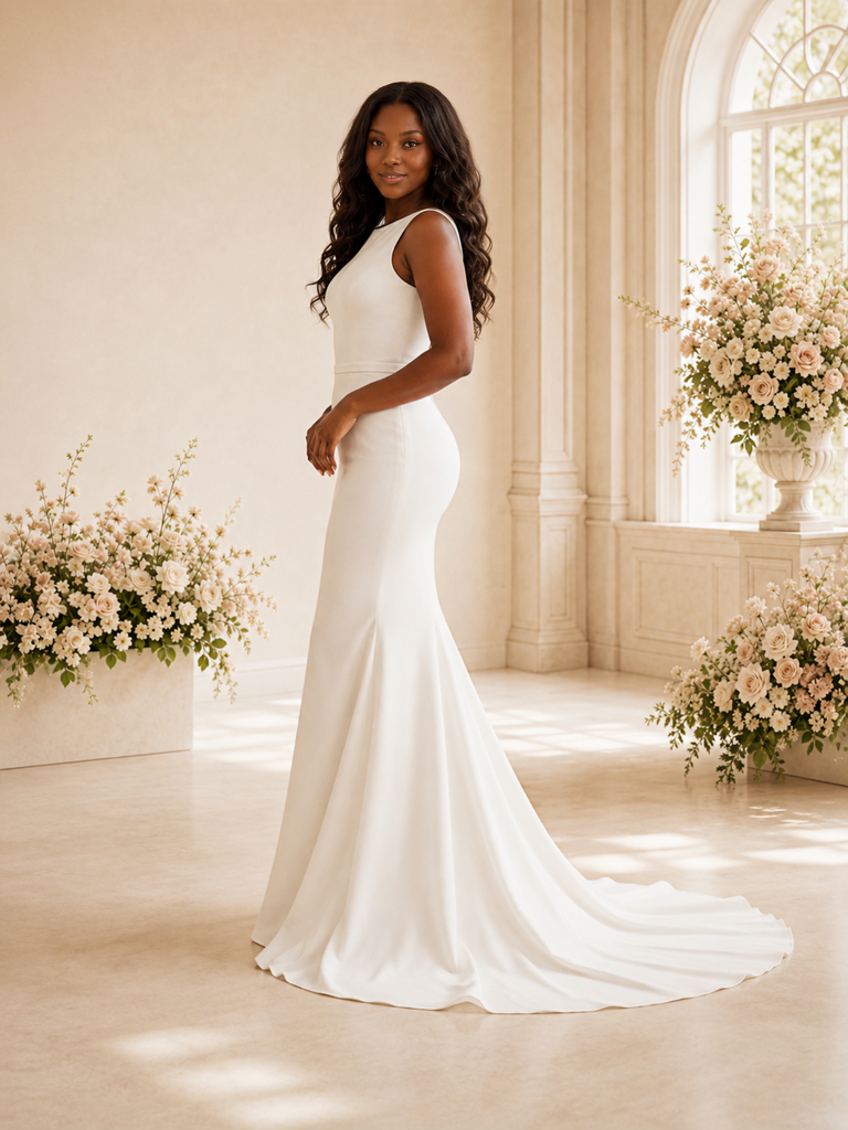 ChicSew Elegant Mermaid Bateau Sleeveless Crepe Maxi Long Wedding Dress