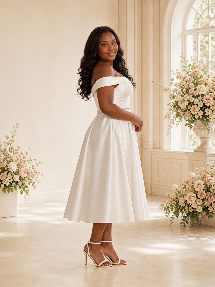 ChicSew Mondern A-Line Off The Shoulder Rhinestone Satin Tea-Length Wedding Dress