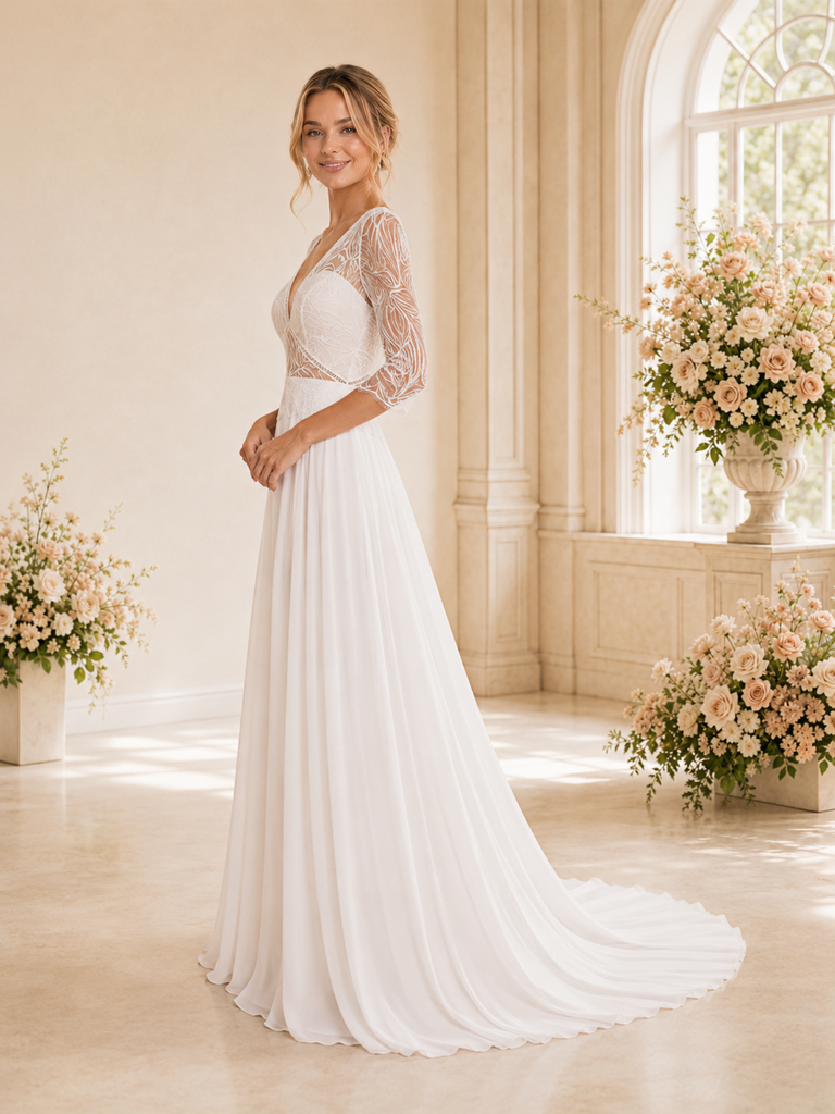 ChicSew Sexy Deep V-Neck 3/4 Sleeves Lace Chiffon A-Line Maxi Wedding Dress