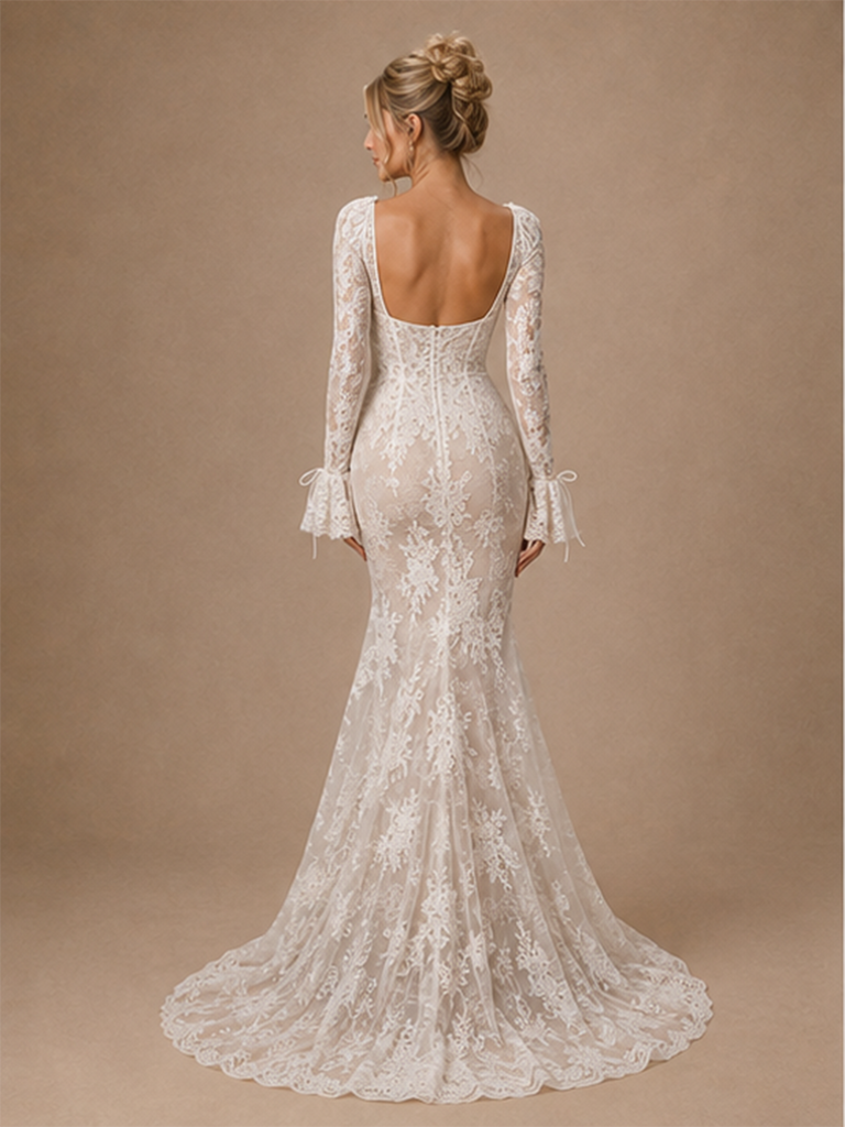 ChicSew Sexy Modern Mermaid Lace Tulle Long Sleeves Maxi Wedding Dress