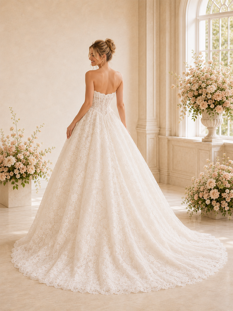 ChicSew Classy A-Line Lace Tulle Sweetheart Sleeveless Boning Maxi Wedding Dresses With Long Train