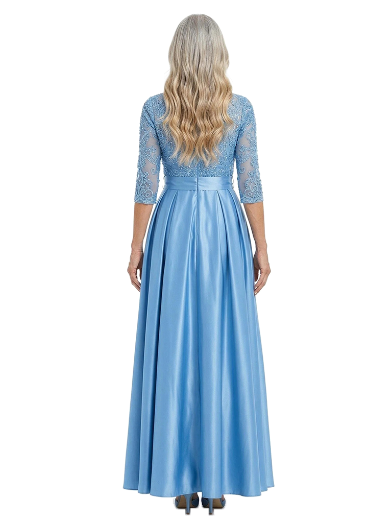 ChicSew Round Neck Long Sleeve Lace Bodice Satin Floor Length Satin Elegant Mother of the Bride Dresses