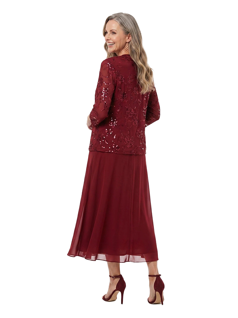 ChicSew Fancy Chiffon Sequin Mother Of The Groom Dress With Matching Jacket Scoop Neck Tea Length
