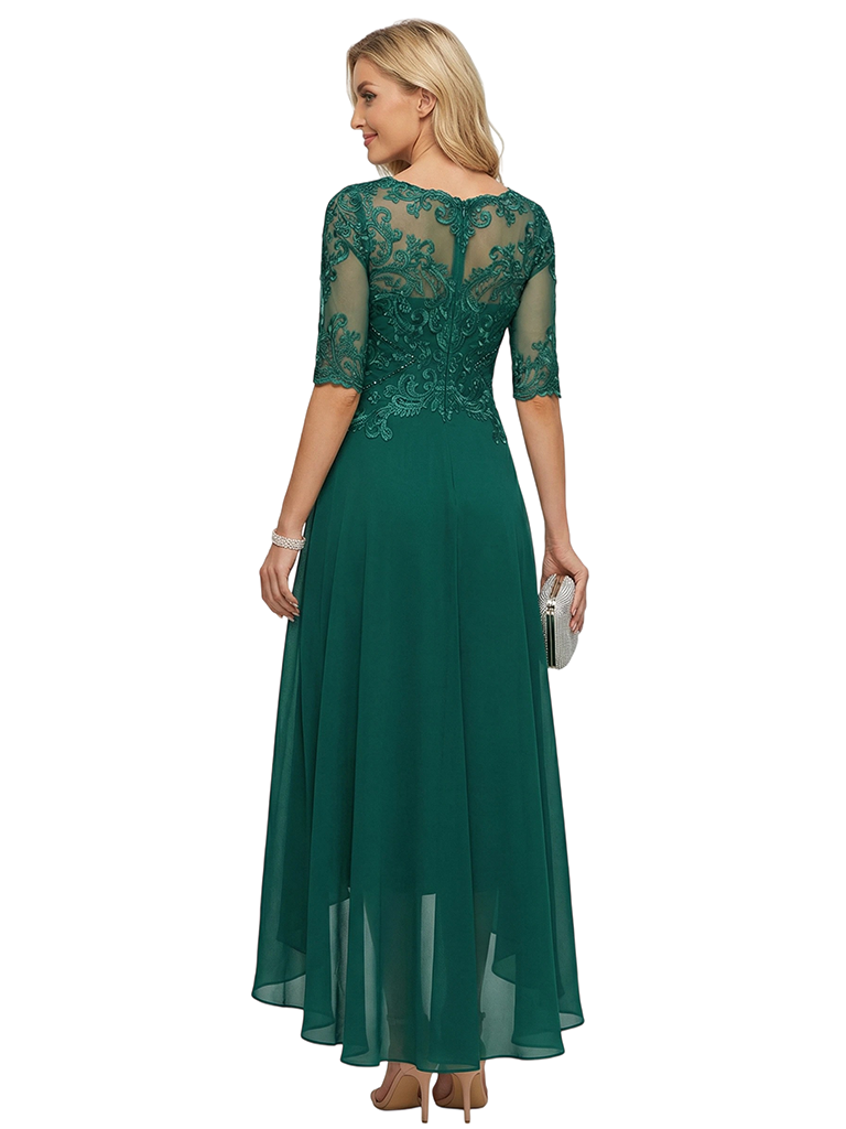 ChicSew Elegant Chiffon Lace Illusion High Low Half Sleeves A-Line Mother Of The Groom Dress