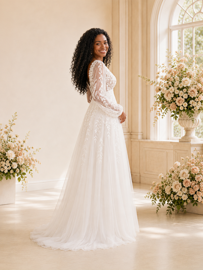 ChicSew Romantic V-Neck Long Sleeves Tulle Maxi Wedding Dress With Lace Appliques