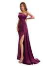 Sexy Silky Satin Asymmetric Mermaid Side Slit Ruched Long Bridesmaid Dresses Online