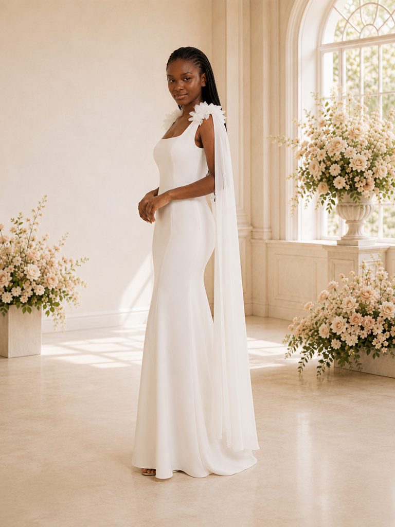 ChicSew Fancy Square Neck Crepe Mermaid Floor-Length Wedding Dress With Tulle Cape Sleeves