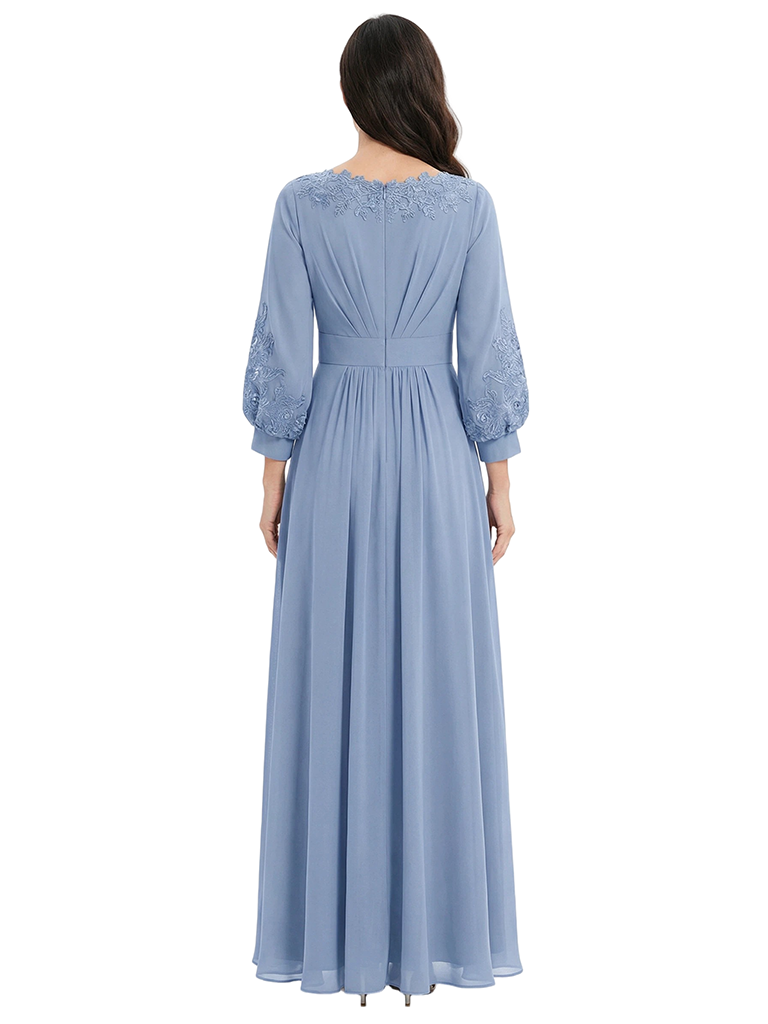 ChicSew Bateau Neck 3/4 Sleeve Lace Applique Pleated Chiffon Ankle Length Mother of the Bride Dress