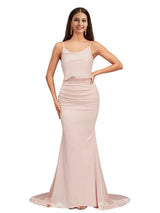 Elegant Spaghetti Straps Mermaid Cowl Neck Backless Soft Satin Long Bridesmaid Dresses