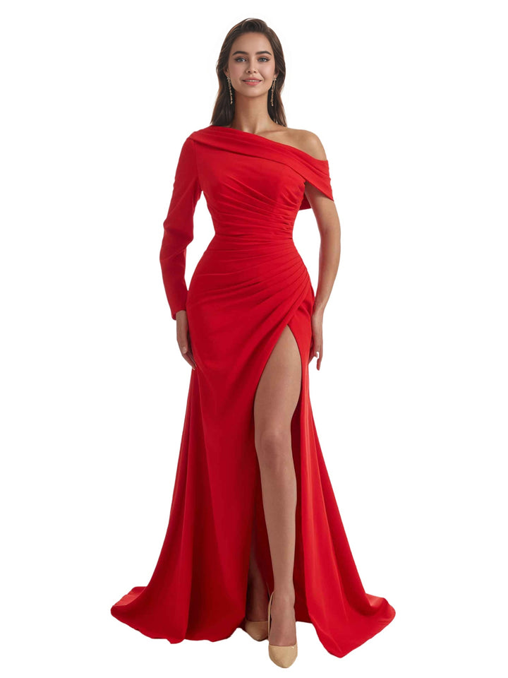 Sexy Asymmetric Mermaid Side Slit One Sleeve Crepe Long Bridesmaid Dress For Wedding