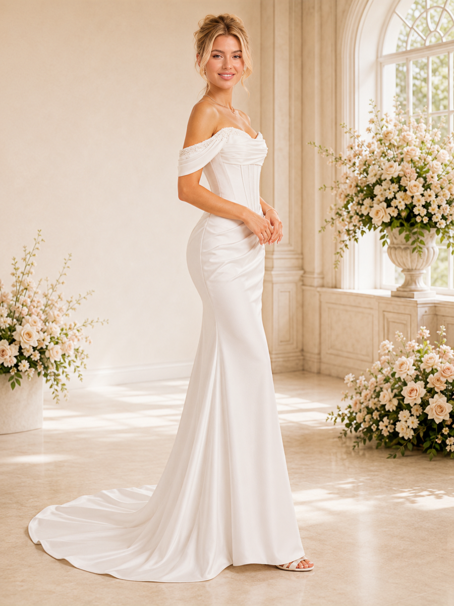 ChicSew Off The Shoulder Ruching Boning Satin Mermaid Wedding Dresses With Train