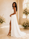 ChicSew Fancy Simple Strapless Ruching Side Slit A-Line Satin Maxi Wedding Dress